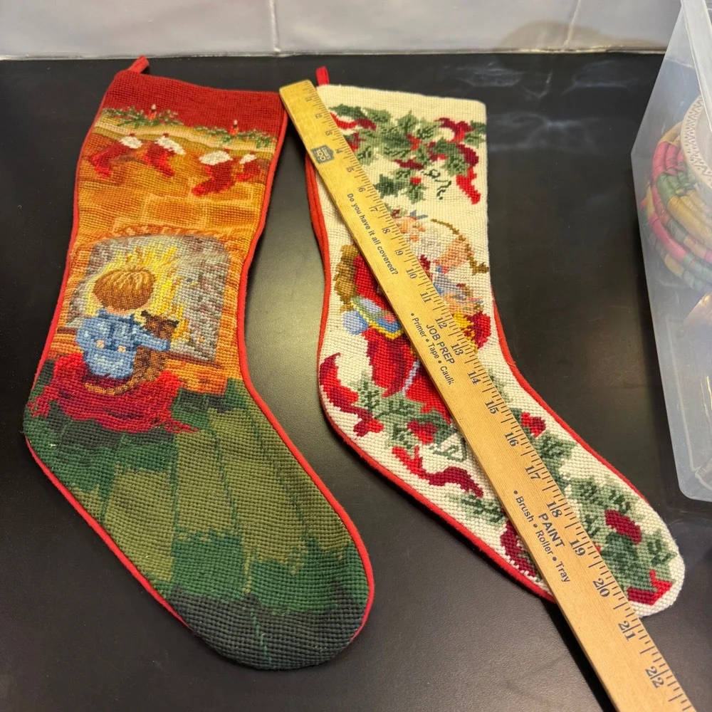 Vintage Christmas Stocking Set Multicolor Needlepoint Santa Fireplace 2pc